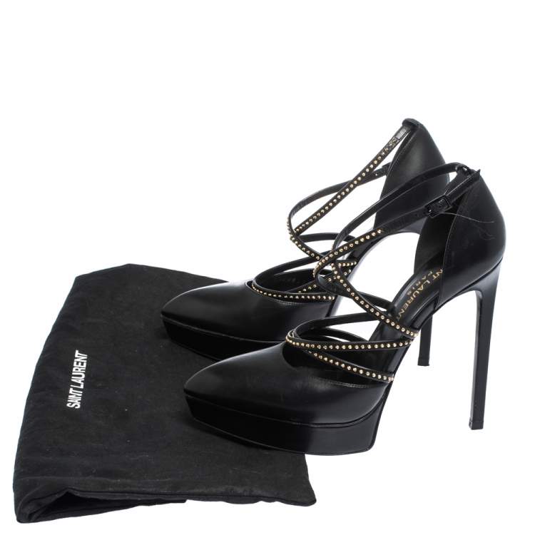 Pre Owned Saint Laurent Black Leather Studded Strap Janis Platform Pumps Size 36
