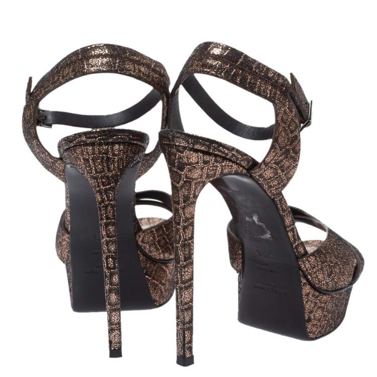 Pre Owned Saint Laurent Paris Bronze/Black Croc Embossed Cross Strap Platform Sandals Size 38.5