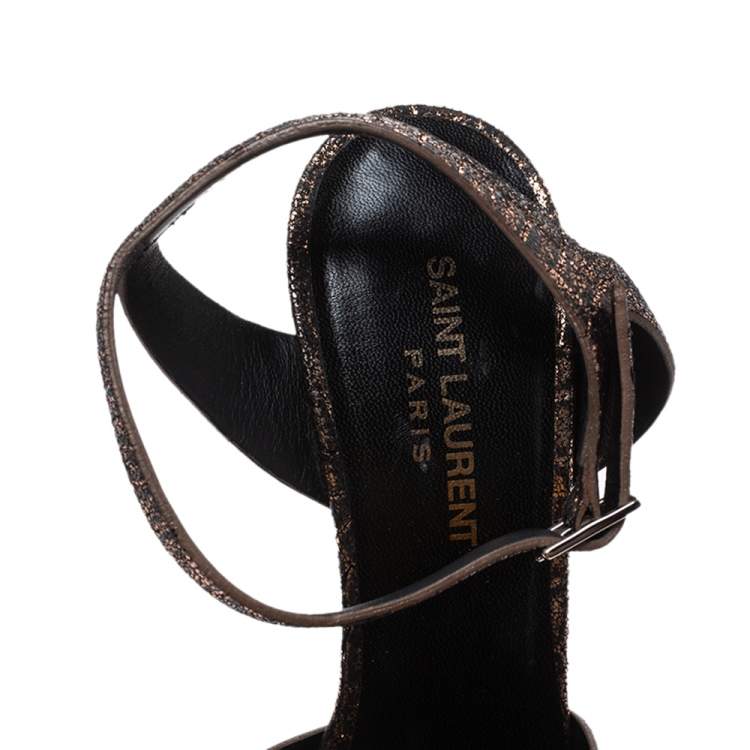 Pre Owned Saint Laurent Paris Bronze/Black Croc Embossed Cross Strap Platform Sandals Size 38.5