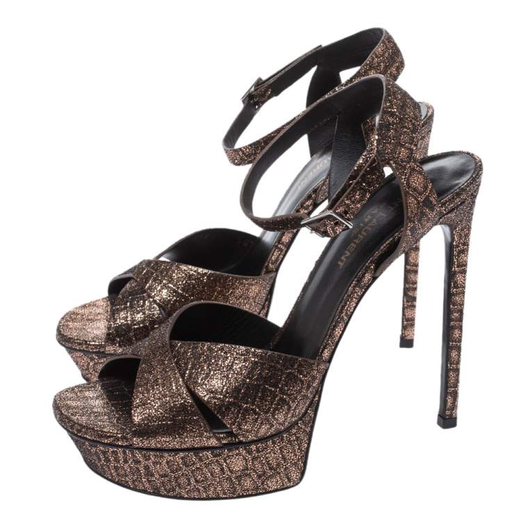 Pre Owned Saint Laurent Paris Bronze/Black Croc Embossed Cross Strap Platform Sandals Size 38.5