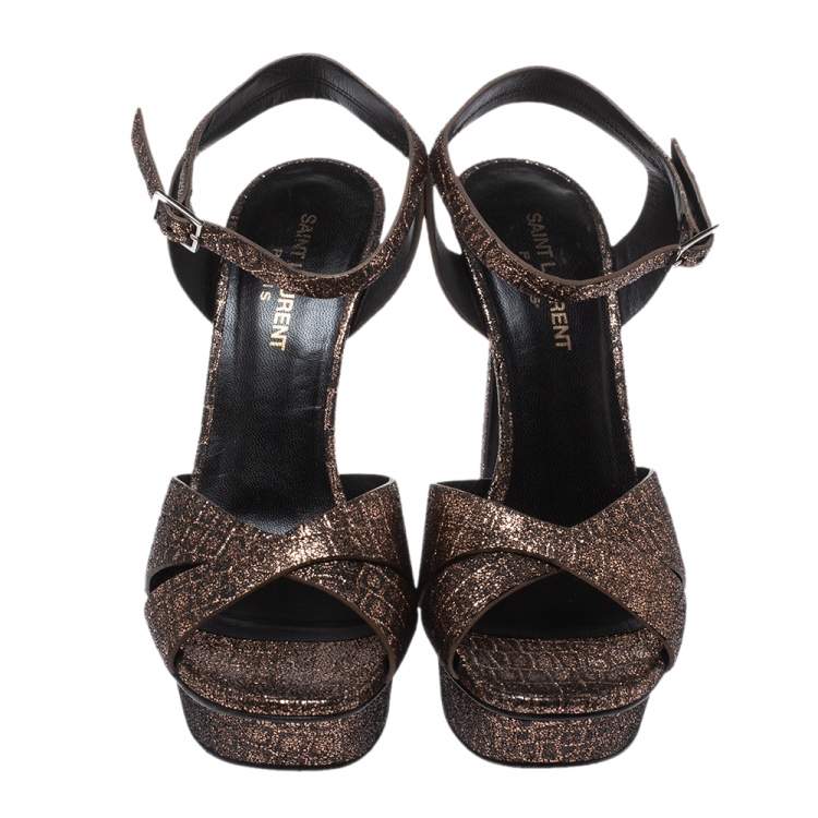 Pre Owned Saint Laurent Paris Bronze/Black Croc Embossed Cross Strap Platform Sandals Size 38.5