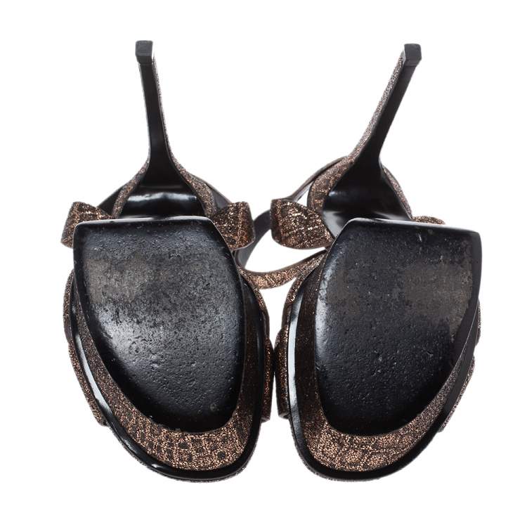 Pre Owned Saint Laurent Paris Bronze/Black Croc Embossed Cross Strap Platform Sandals Size 38.5