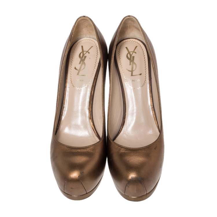 Pre Owned Saint Laurent Paris Bronze Leather Tribtoo Platform Pumps Size 35