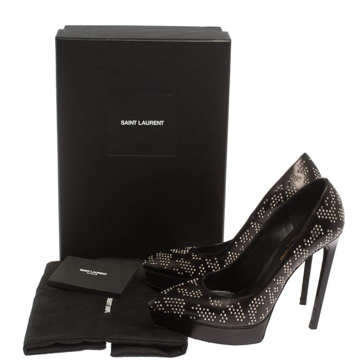Pre Owned Saint Laurent Black Studded Leather Janis Pointed Toe Platform Pumps Size 37.5