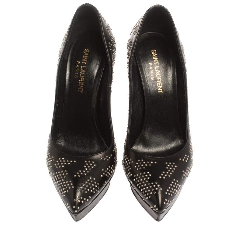 Pre Owned Saint Laurent Black Studded Leather Janis Pointed Toe Platform Pumps Size 37.5