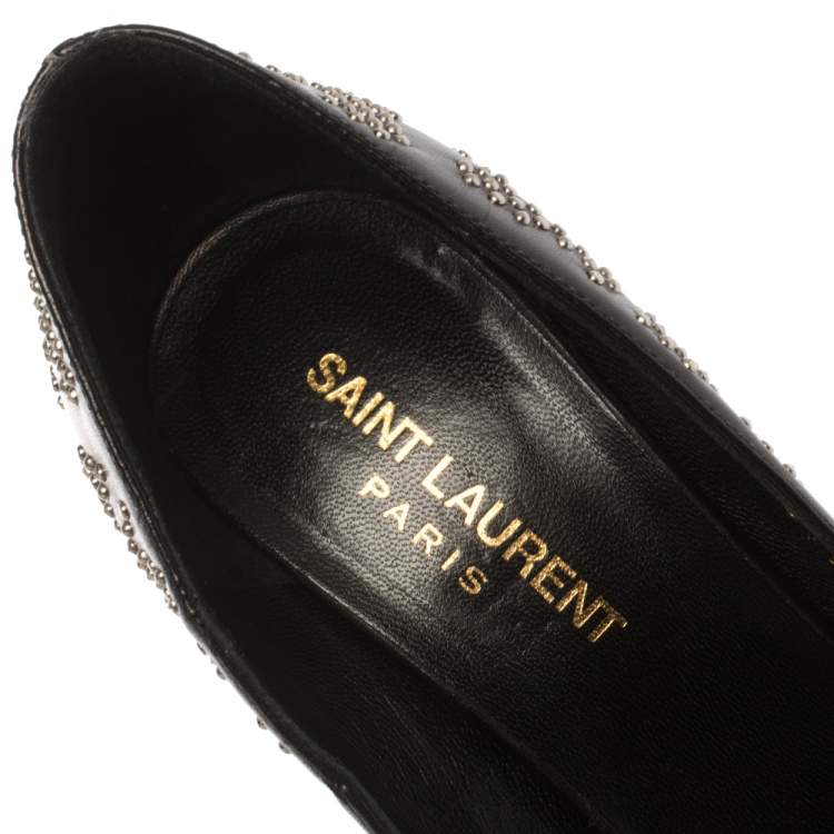 Pre Owned Saint Laurent Black Studded Leather Janis Pointed Toe Platform Pumps Size 37.5