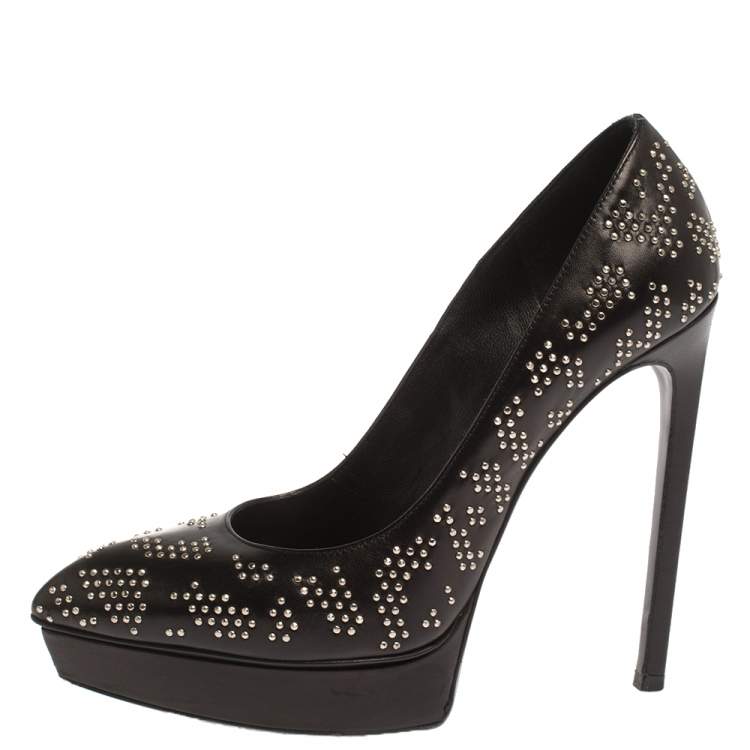 Pre Owned Saint Laurent Black Studded Leather Janis Pointed Toe Platform Pumps Size 37.5