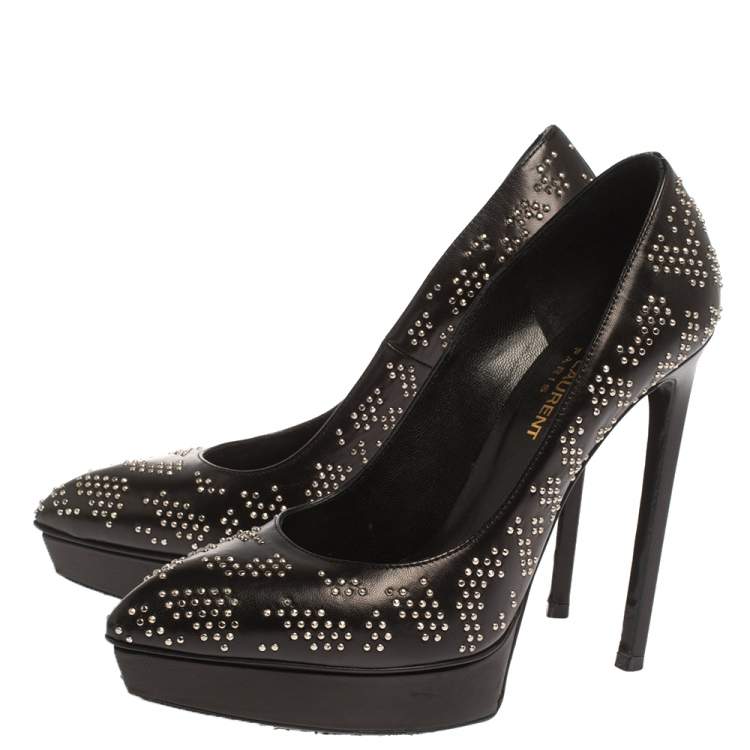 Pre Owned Saint Laurent Black Studded Leather Janis Pointed Toe Platform Pumps Size 37.5