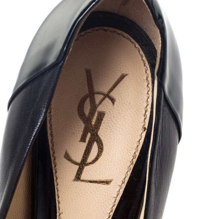 مملوكة مسبقًا Saint Laurent Black Leather and Patent Leather Janis Pointed Toe Platform Pumps Size 37.5