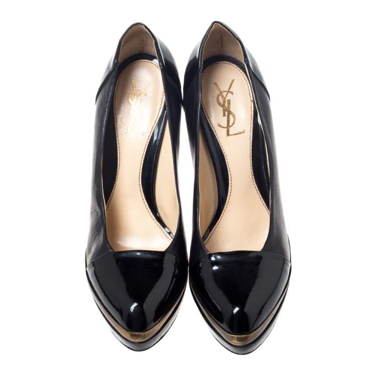 مملوكة مسبقًا Saint Laurent Black Leather and Patent Leather Janis Pointed Toe Platform Pumps Size 37.5