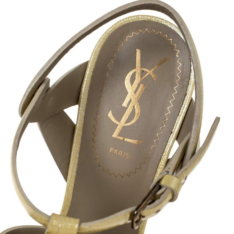 Pre Owned Saint Laurent Light Yellow Textured Patent Leather Tribute Platform Sandals Size 37