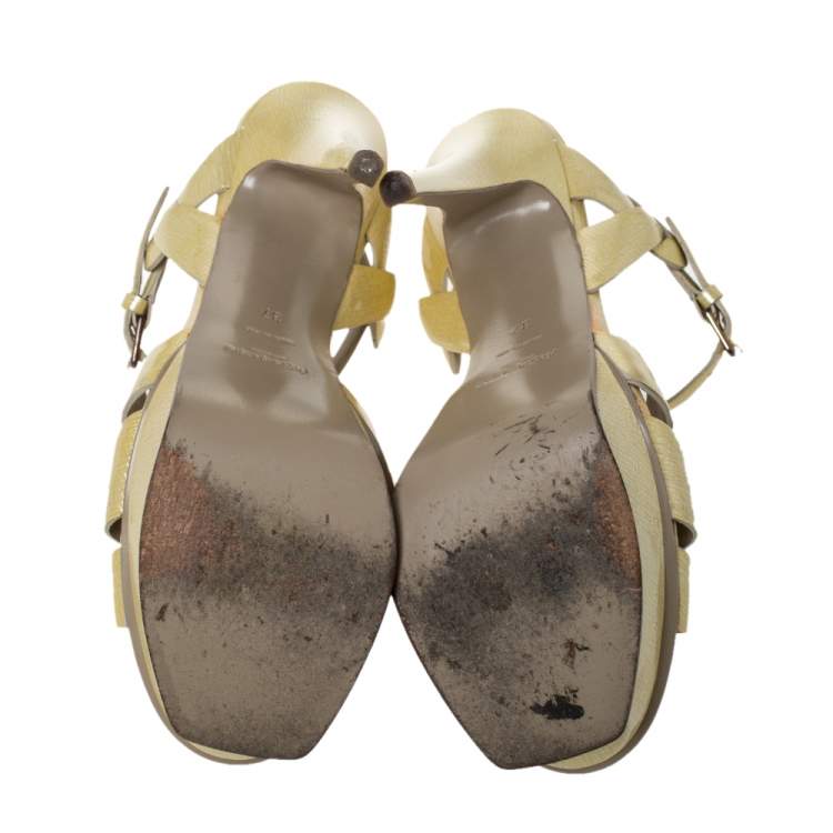 Pre Owned Saint Laurent Light Yellow Textured Patent Leather Tribute Platform Sandals Size 37
