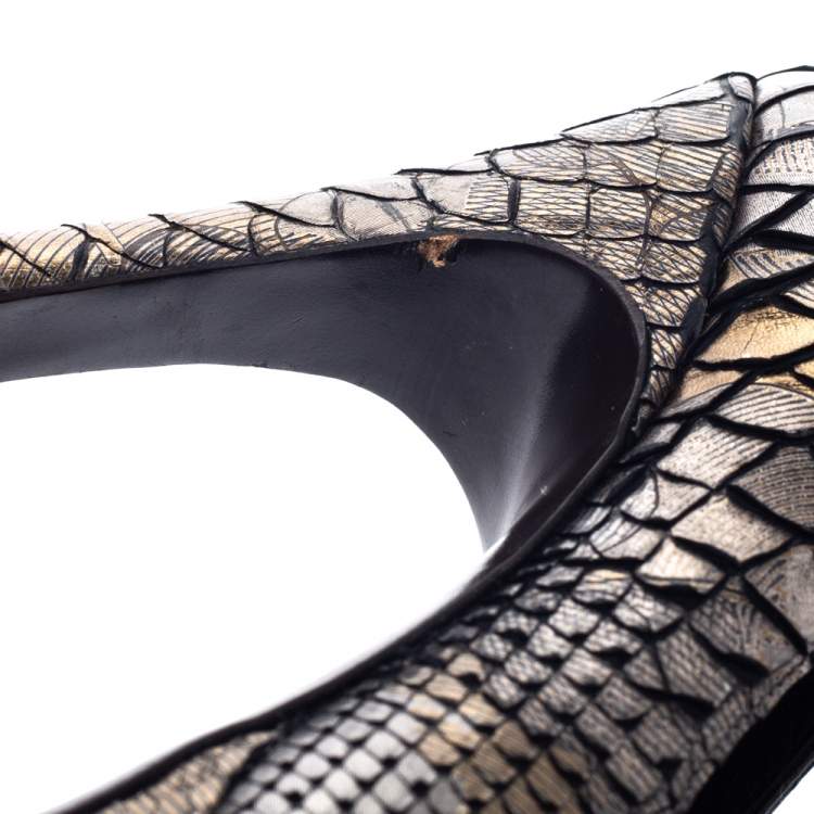 Pre Owned Saint Laurent Paris Metallic Grey Python Leather Palais Peep Toe Platform Pumps Size 39