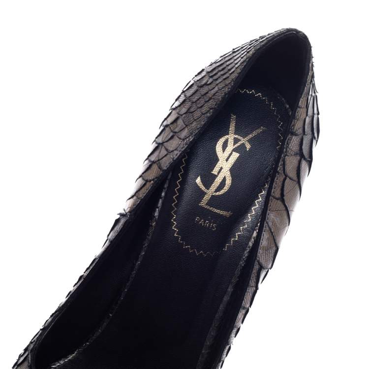 Pre Owned Saint Laurent Paris Metallic Grey Python Leather Palais Peep Toe Platform Pumps Size 39