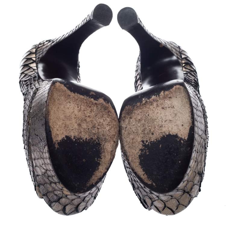 Pre Owned Saint Laurent Paris Metallic Grey Python Leather Palais Peep Toe Platform Pumps Size 39
