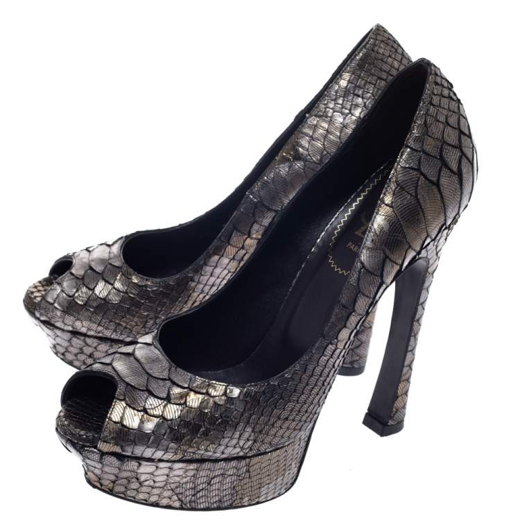 Pre Owned Saint Laurent Paris Metallic Grey Python Leather Palais Peep Toe Platform Pumps Size 39