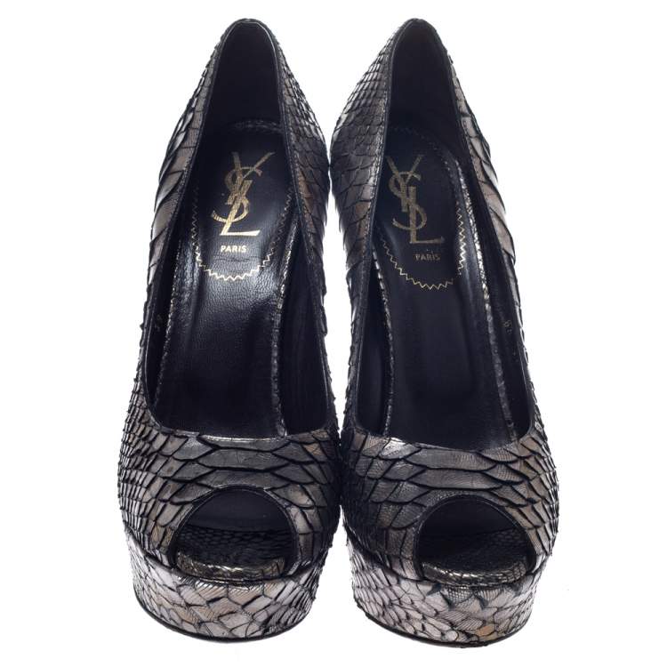 Pre Owned Saint Laurent Paris Metallic Grey Python Leather Palais Peep Toe Platform Pumps Size 39