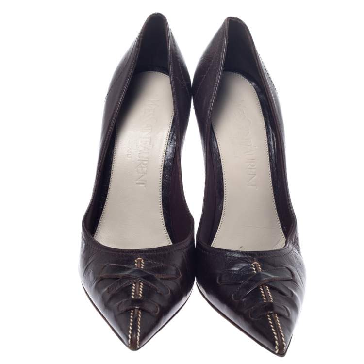 Pre Owned Saint Laurent Paris Brown Leather Pointed Toe Pumps Size 37