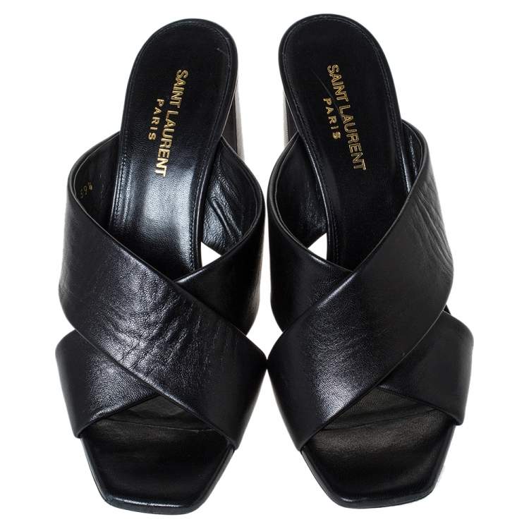 Pre Owned Saint Laurent Paris Black Leather Loulou Criss Cross Mules Size 39.5