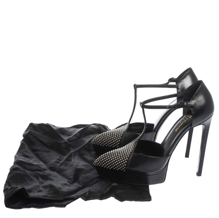 Pre Owned Saint Laurent Paris Black Leather Janis Studded T Strap Platform Pumps Size 38
