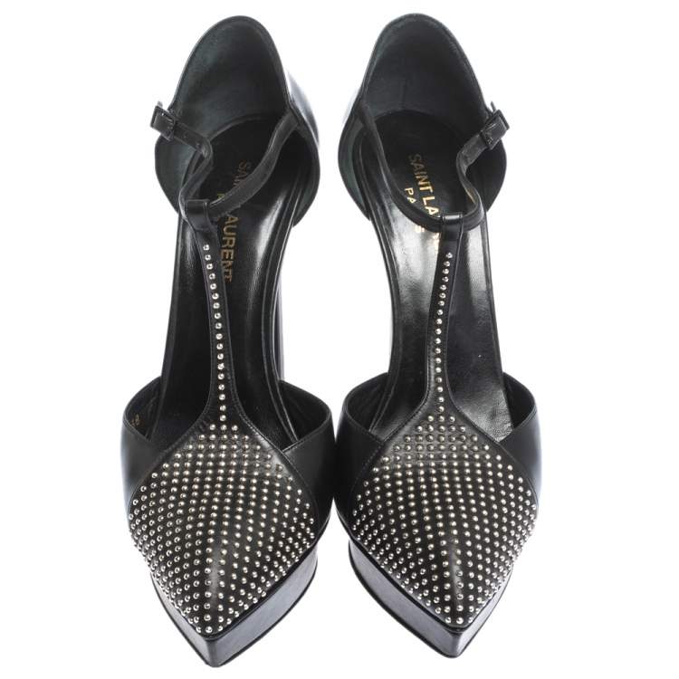 Pre Owned Saint Laurent Paris Black Leather Janis Studded T Strap Platform Pumps Size 38