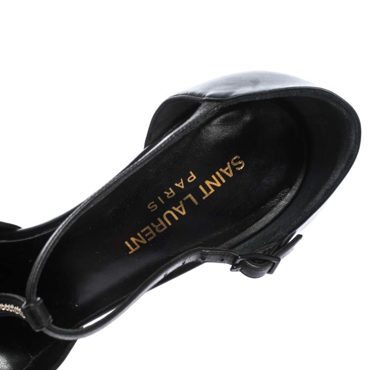 Pre Owned Saint Laurent Paris Black Leather Janis Studded T Strap Platform Pumps Size 38