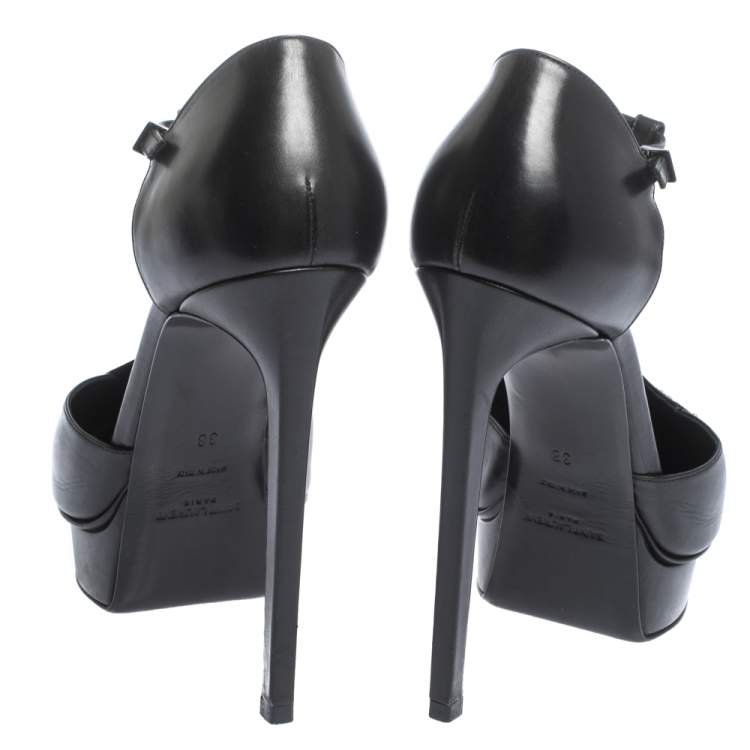 Pre Owned Saint Laurent Paris Black Leather Janis Studded T Strap Platform Pumps Size 38
