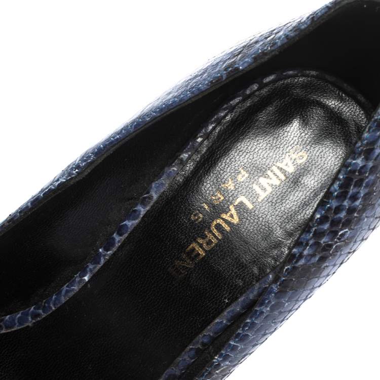 Pre Owned Saint Laurent Blue/Black Snake Embossed Leather Janis Cap Toe Platform Pumps Size 38