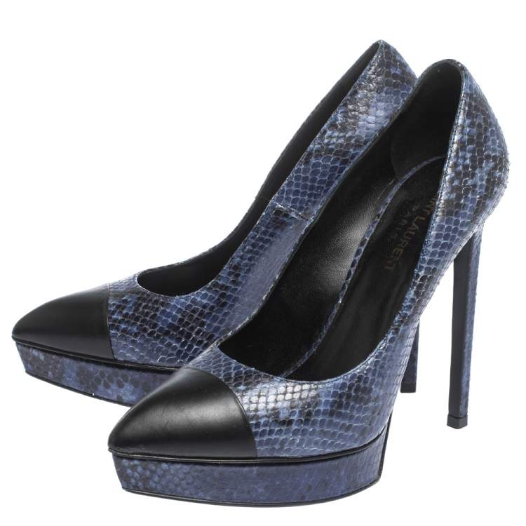 Pre Owned Saint Laurent Blue/Black Snake Embossed Leather Janis Cap Toe Platform Pumps Size 38