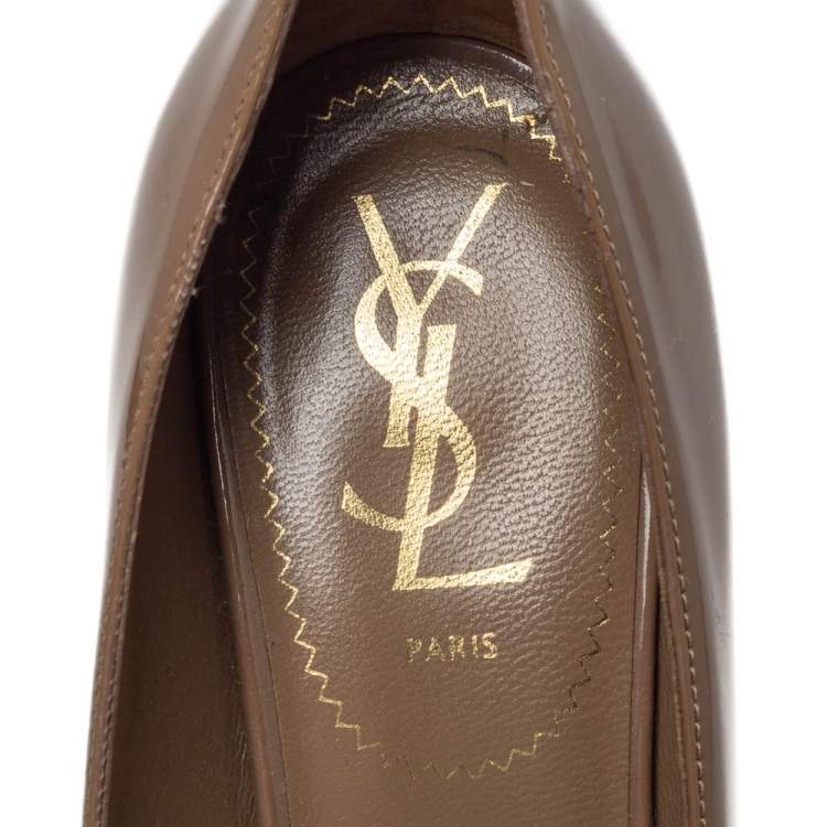 Pre Owned Saint Laurent Paris Brown Patent Leather Tribtoo Platform Pumps Size 38
