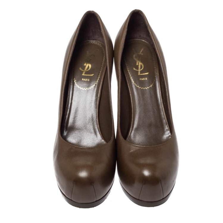 مملوكة مسبقًا Saint Laurent Paris Brown Leather Tribtoo Platform Pumps Size 38.5