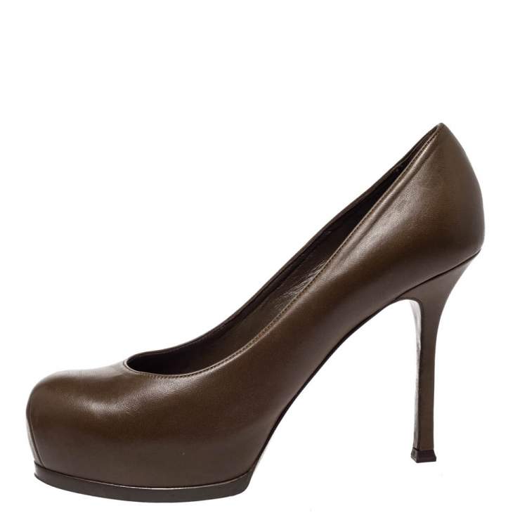 مملوكة مسبقًا Saint Laurent Paris Brown Leather Tribtoo Platform Pumps Size 38.5