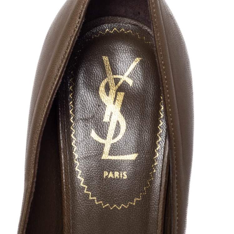 مملوكة مسبقًا Saint Laurent Paris Brown Leather Tribtoo Platform Pumps Size 38.5