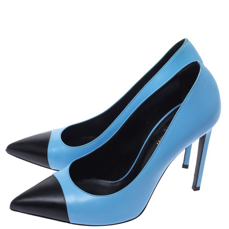 Pre Owned Saint Laurent Paris Blue/Black Leather Cap Toe Pointed Toe Pumps Size 40