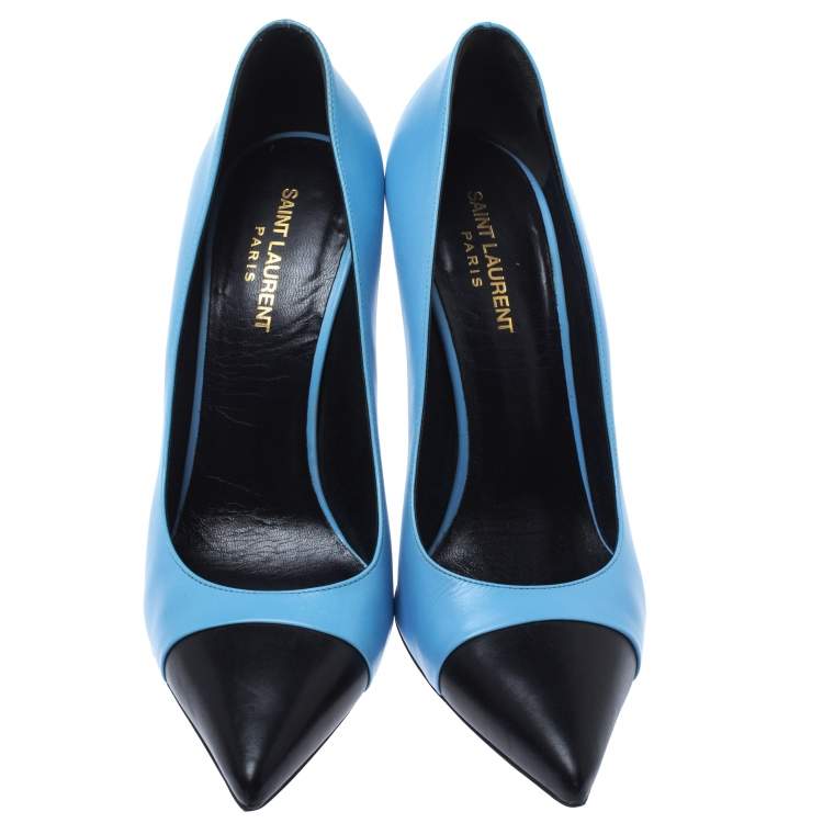 Pre Owned Saint Laurent Paris Blue/Black Leather Cap Toe Pointed Toe Pumps Size 40
