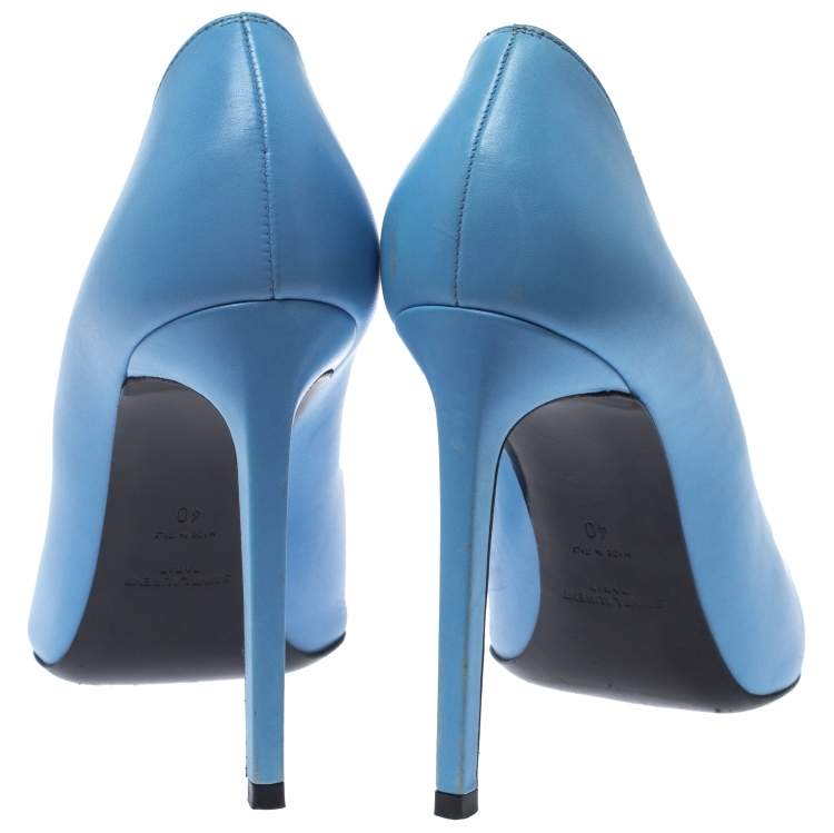 Pre Owned Saint Laurent Paris Blue/Black Leather Cap Toe Pointed Toe Pumps Size 40