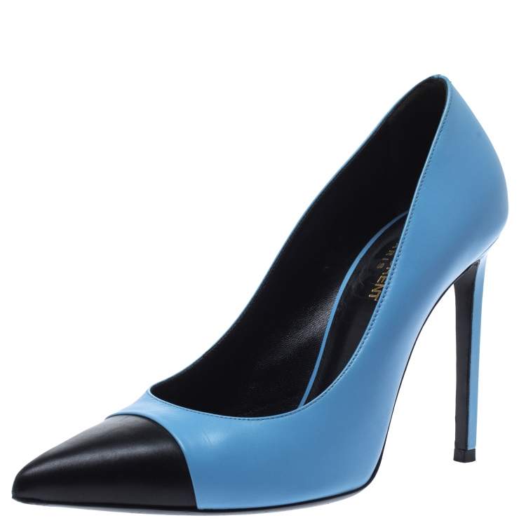 Pre Owned Saint Laurent Paris Blue/Black Leather Cap Toe Pointed Toe Pumps Size 40