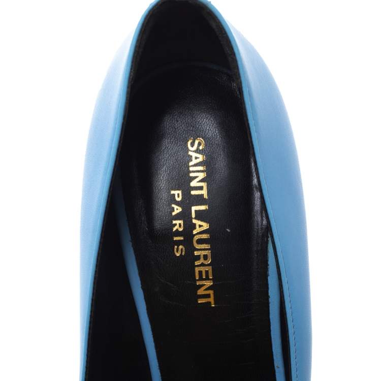 Pre Owned Saint Laurent Paris Blue/Black Leather Cap Toe Pointed Toe Pumps Size 40