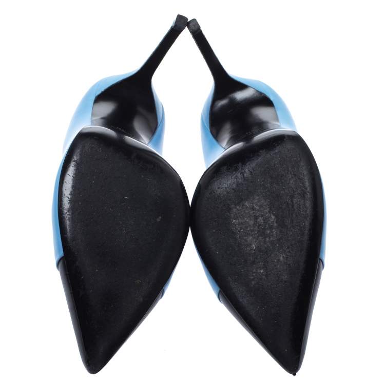 Pre Owned Saint Laurent Paris Blue/Black Leather Cap Toe Pointed Toe Pumps Size 40