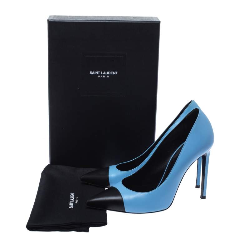 Pre Owned Saint Laurent Paris Blue/Black Leather Cap Toe Pointed Toe Pumps Size 40