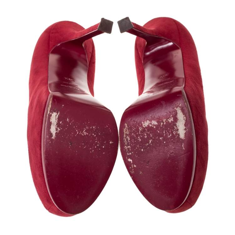 Pre Owned Saint Laurent Paris Red Suede Tribtoo Platform Pumps Size 39.5
