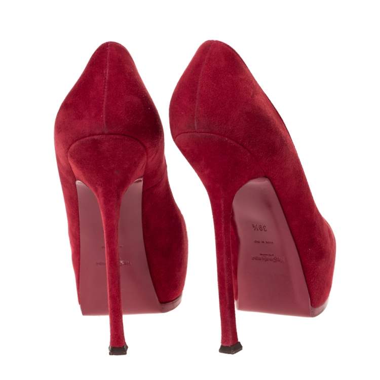 Pre Owned Saint Laurent Paris Red Suede Tribtoo Platform Pumps Size 39.5