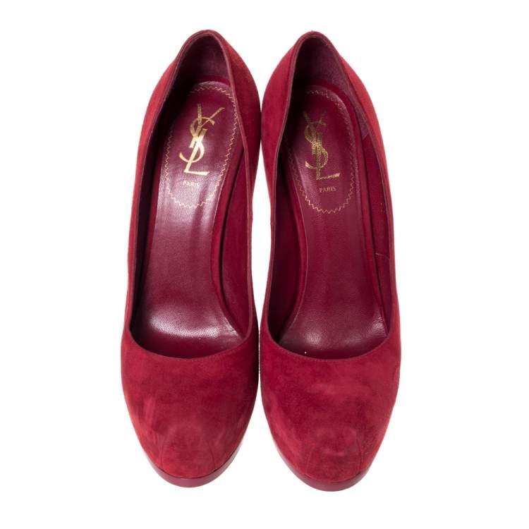 Pre Owned Saint Laurent Paris Red Suede Tribtoo Platform Pumps Size 39.5