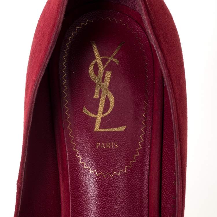 Pre Owned Saint Laurent Paris Red Suede Tribtoo Platform Pumps Size 39.5