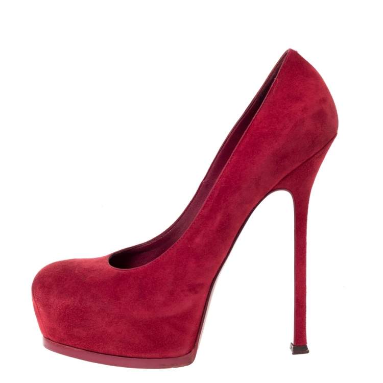 Pre Owned Saint Laurent Paris Red Suede Tribtoo Platform Pumps Size 39.5