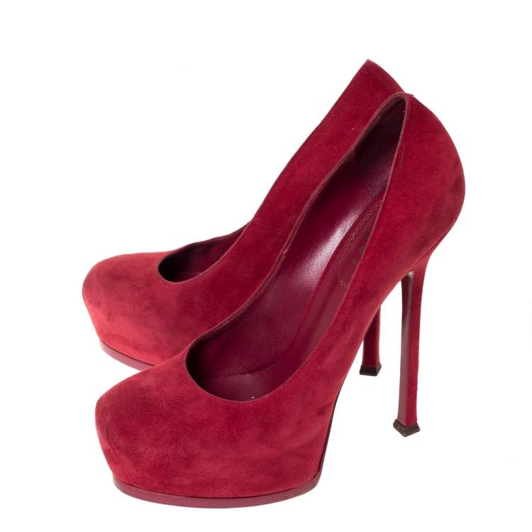 Pre Owned Saint Laurent Paris Red Suede Tribtoo Platform Pumps Size 39.5