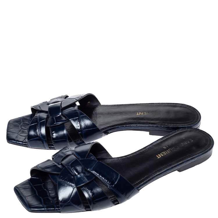 Pre Owned Saint Laurent Paris Blue Croc Embossed Leather Tribute Flat Slides Size 37.5