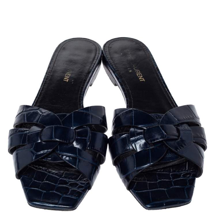Pre Owned Saint Laurent Paris Blue Croc Embossed Leather Tribute Flat Slides Size 37.5