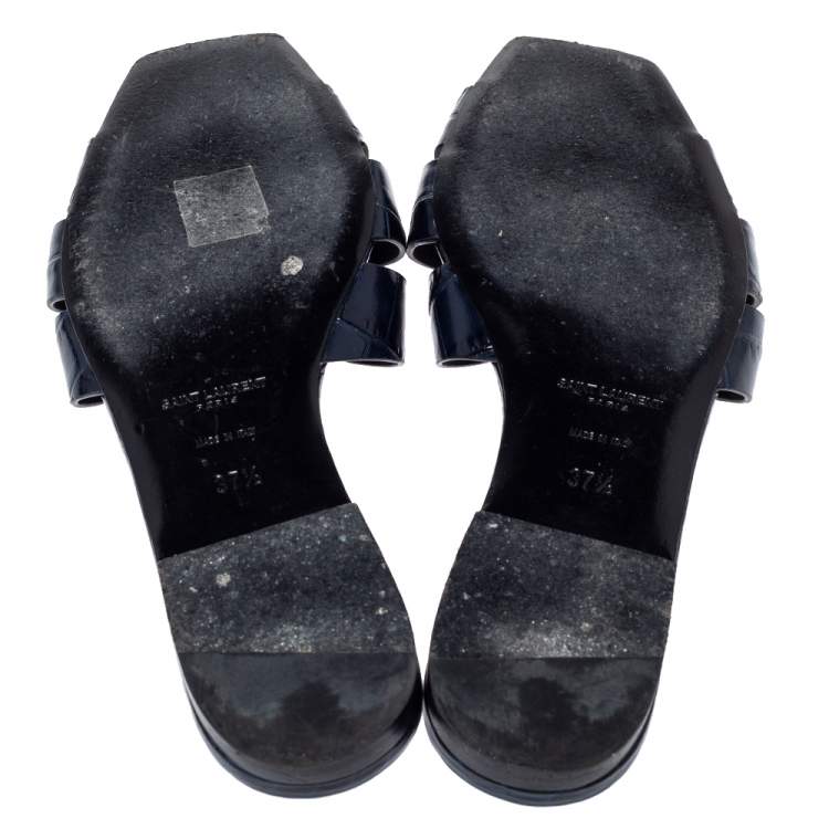 Pre Owned Saint Laurent Paris Blue Croc Embossed Leather Tribute Flat Slides Size 37.5