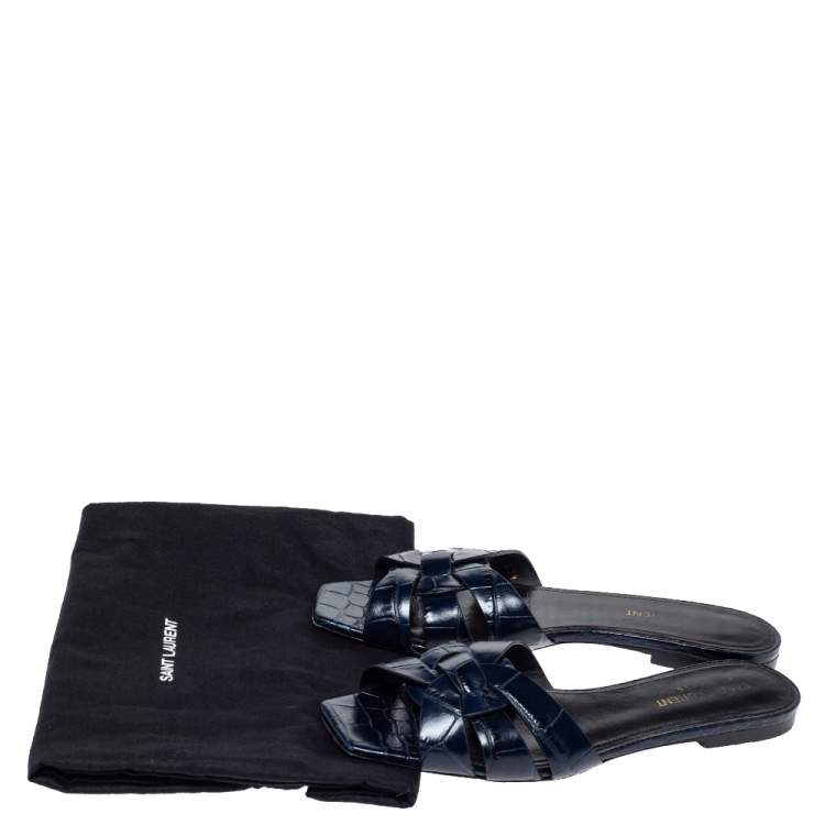 Pre Owned Saint Laurent Paris Blue Croc Embossed Leather Tribute Flat Slides Size 37.5